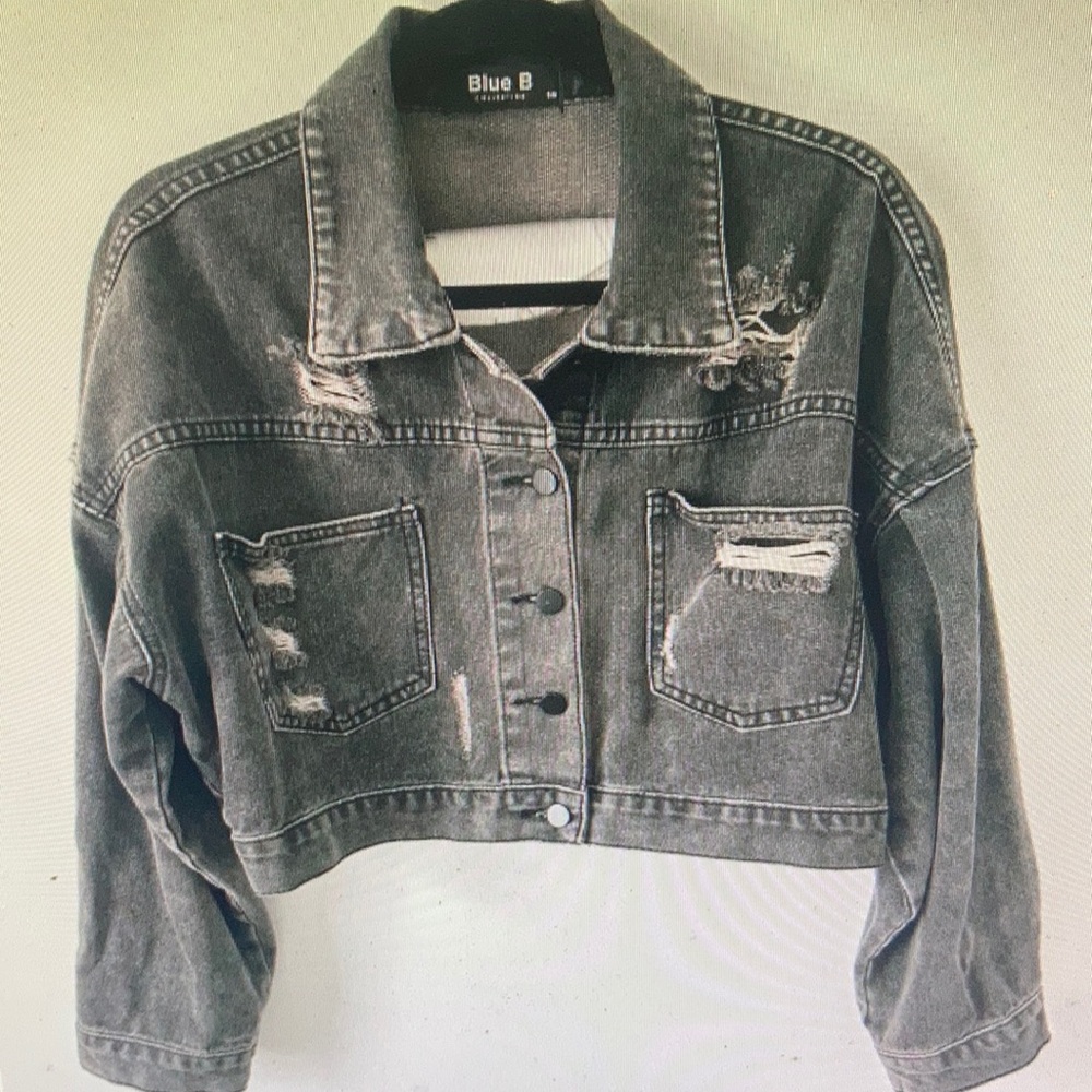 Blue B Cropped Distressed Denim Jacket - Washed Black Size S/M